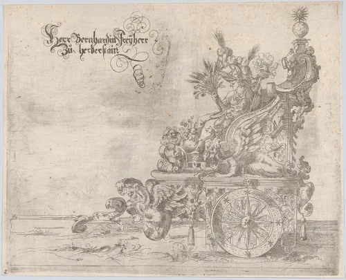Procession, with a female figure seated on a float by anonymous, print, 1500-1599
