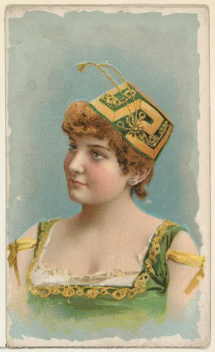 Actress wearing green and yellow fez, from Stars of the Stage, First Series (N129) issued by W. Duke, Sons & Co. to promote Honest Long Cut Tobacco by W. Duke, Sons & Co., print, 1890