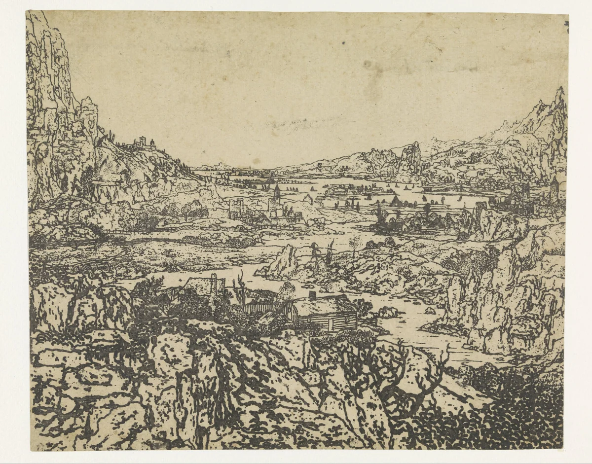 Bergvallei met een slingerende rivier by Hercules Segers, print, 1622-1625