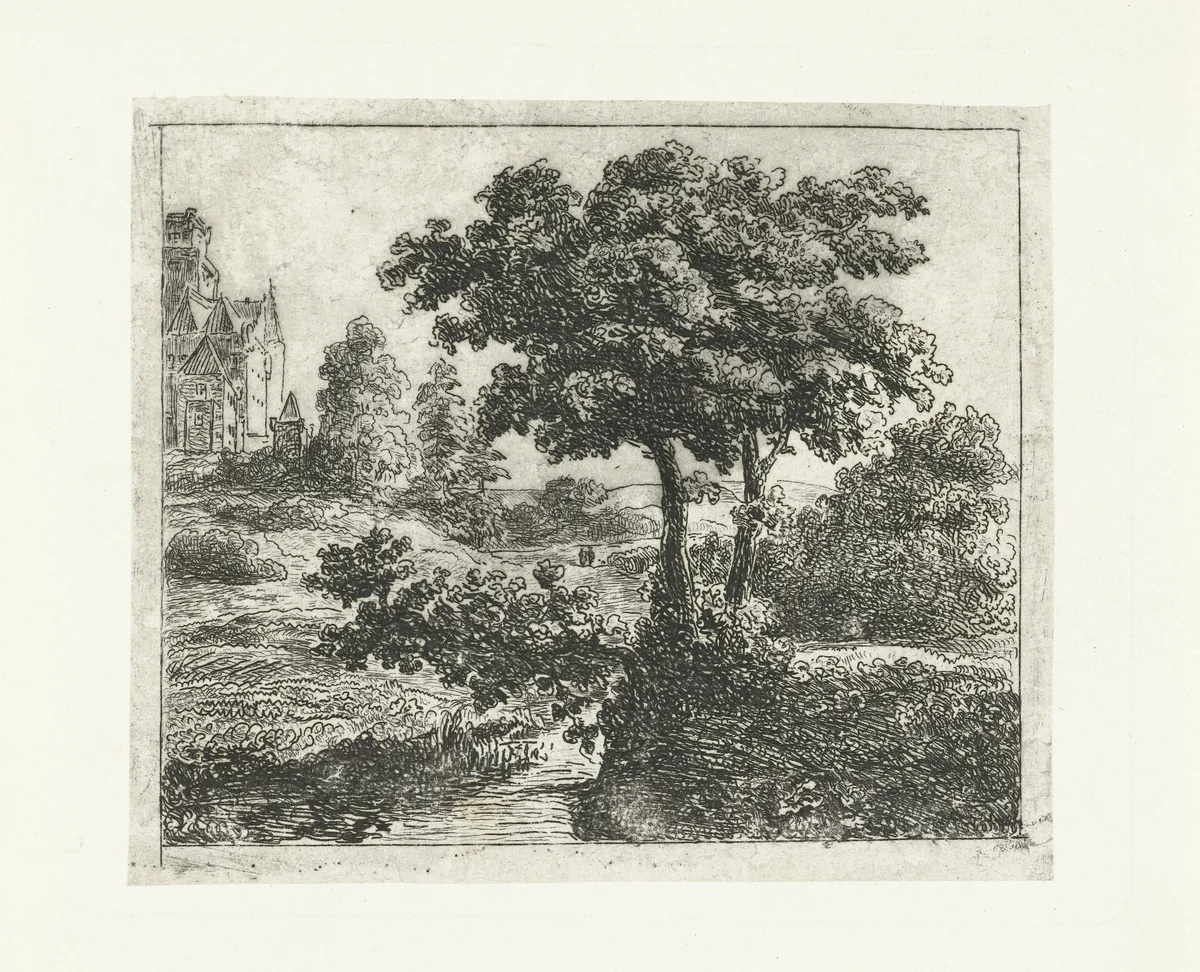 Landschap met kerk op een heuvel by Johannes Adrianus van der Drift, print, 1823-1883
