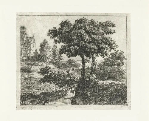 Landschap met kerk op een heuvel by Johannes Adrianus van der Drift, print, 1823-1883