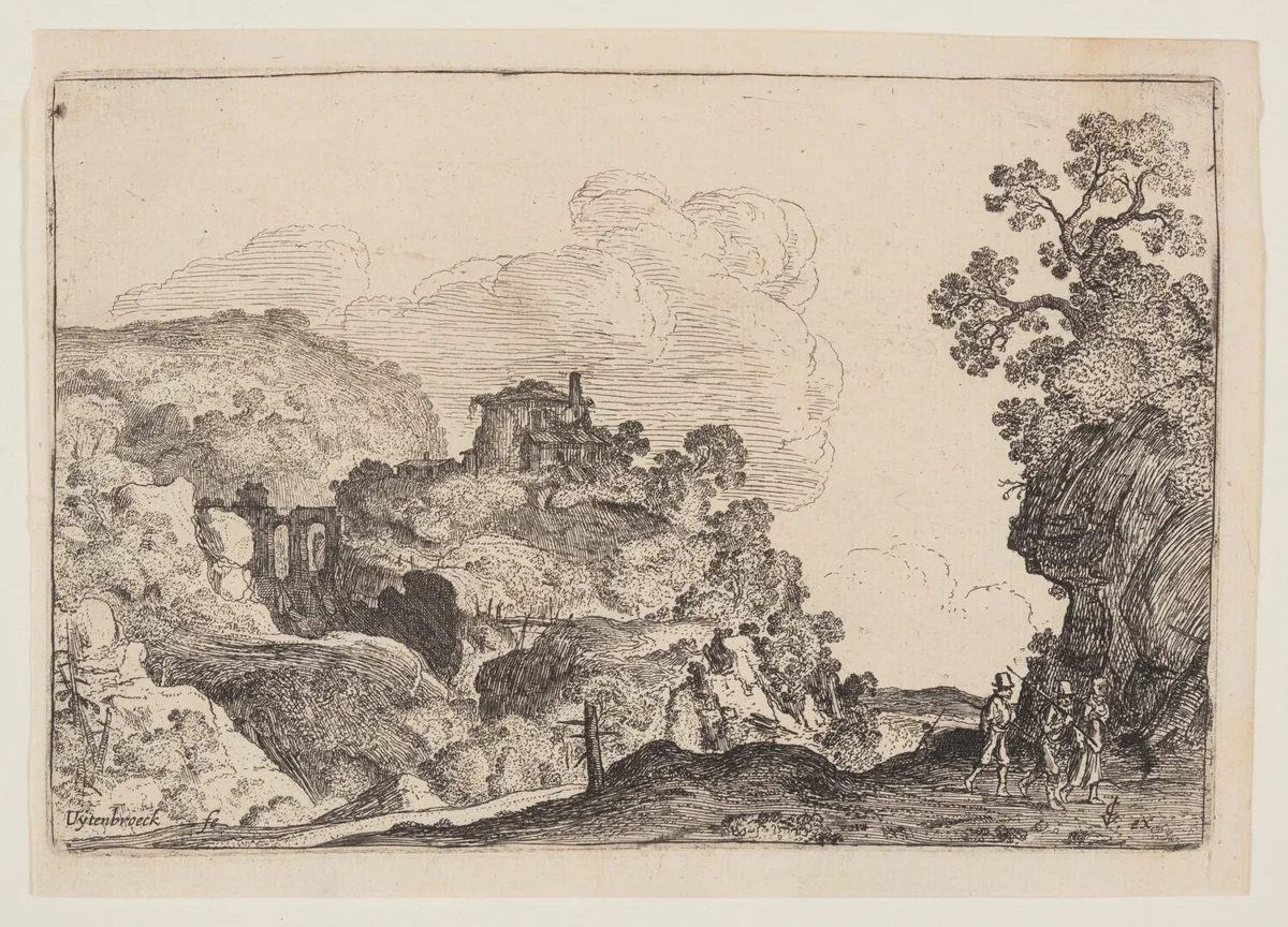 Rocky Landscape with Three Travelers by Moses van Uyttenbroeck, print, 1620-1640