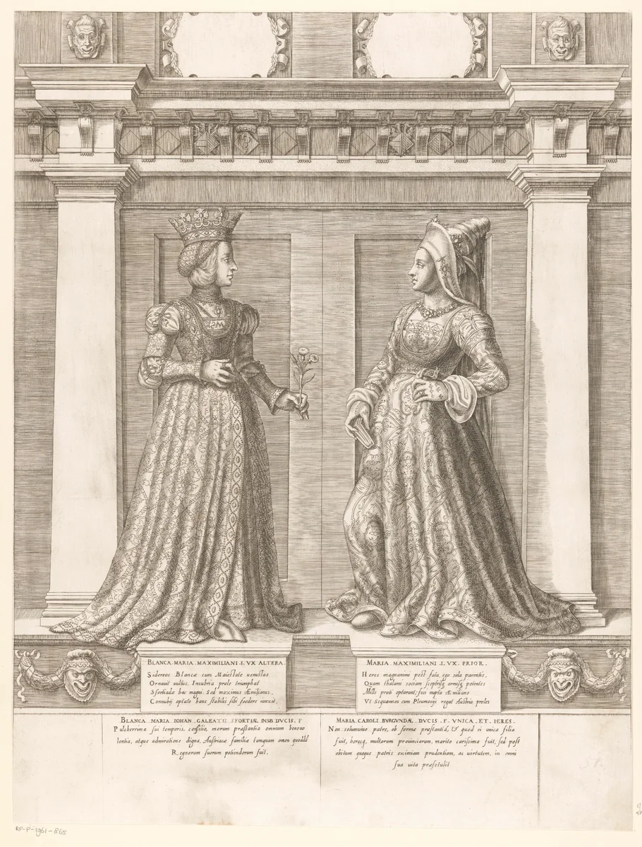 Dubbelportret van Bianca Maria Sforza en Maria van Bourgondië by Gaspare Oselli, print, 1569