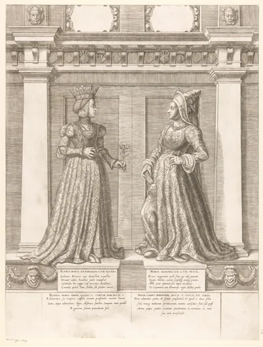 Dubbelportret van Bianca Maria Sforza en Maria van Bourgondië by Gaspare Oselli, print, 1569