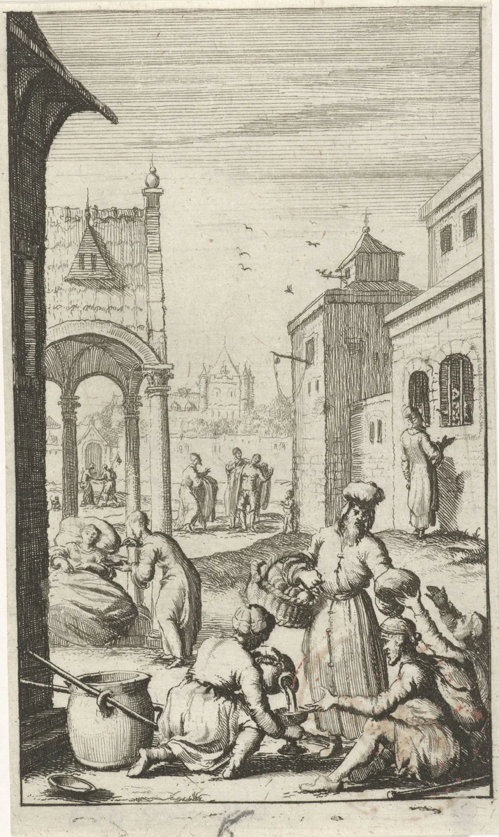 De vijf wijze maagden doen aan liefdadigheid by anonymous, print, 1681-1762