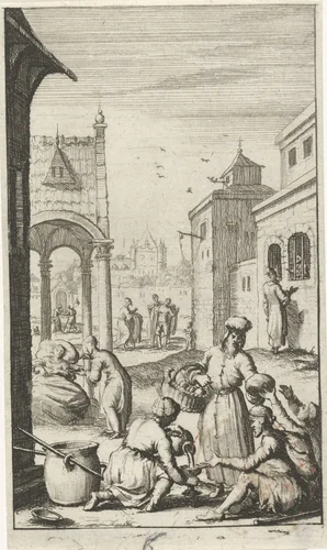 De vijf wijze maagden doen aan liefdadigheid by anonymous, print, 1681-1762