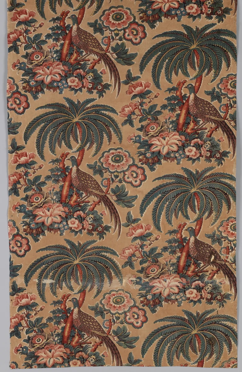 Textile printed with game birds by Bannister Hall, textile, 1810-1820