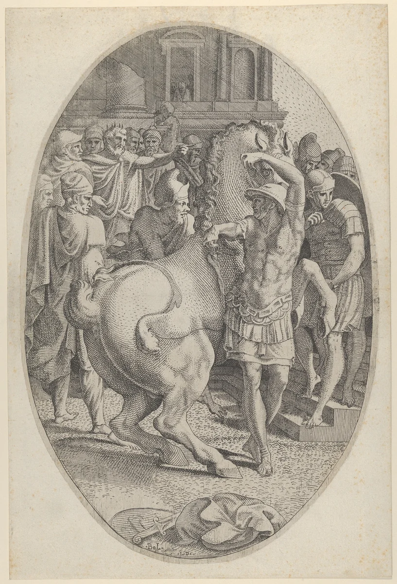 Alexander Mastering Bucephalus by Léon Davent, print, 1535-1550