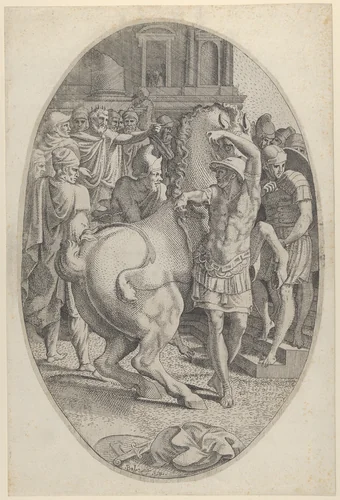 Alexander Mastering Bucephalus by Léon Davent, print, 1535-1550