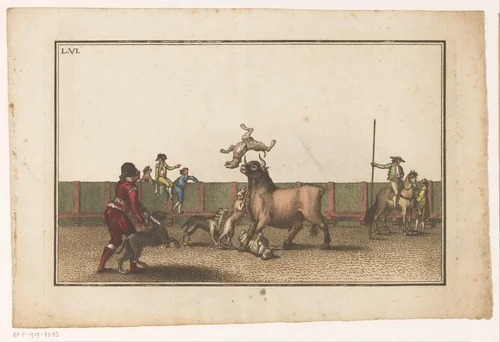 Stier aangevallen door honden by Luis Fernandez Noseret, print, 1795