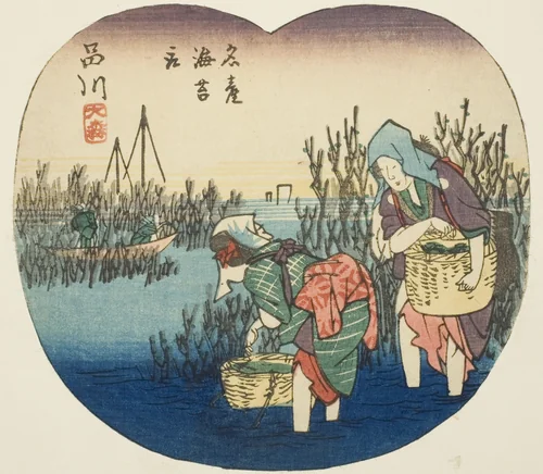 Gathering Seaweed at Omori in Shinagawa (Shinagawa, Omori, meisan nori tori), section of sheet no. 1 from the series "Cutout Pictures of the Tokaido Road (Tokaido harimaze zue)" by Utagawa Hiroshige (歌川広重), print, 1843-1857