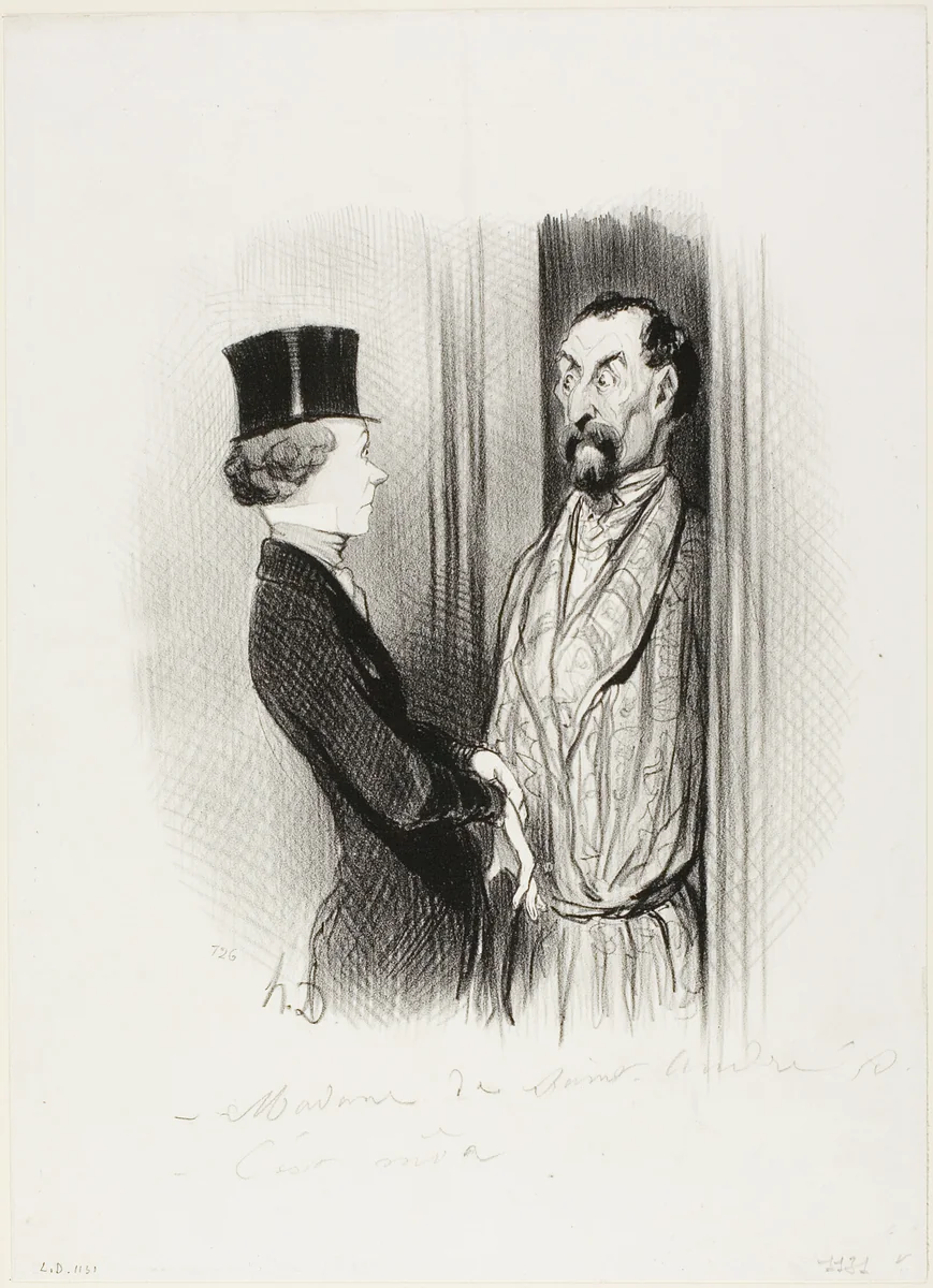 The Rendez-Vous. “- Madame Eudoxie Blancminet? - That's me, Monsieur... what can I do for you?,” plate 44 from Les Beaux Jours De La Vie by Honoré-Victorin Daumier, print, 1845