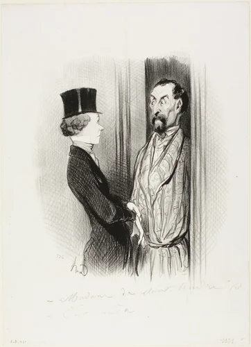 The Rendez-Vous. “- Madame Eudoxie Blancminet? - That's me, Monsieur... what can I do for you?,” plate 44 from Les Beaux Jours De La Vie by Honoré-Victorin Daumier, print, 1845