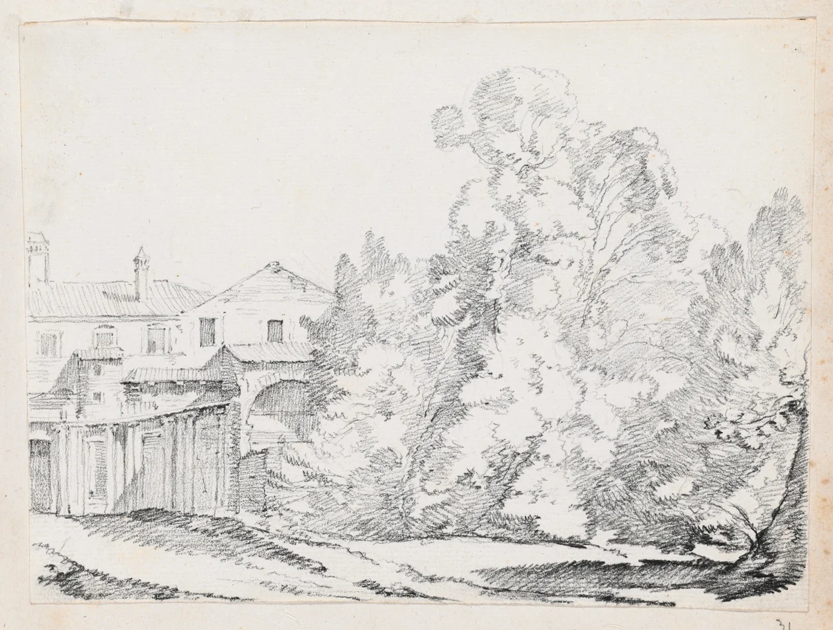 Trees Screening a House Built on Ancient Ruins by Joseph-Marie Vien, drawing, 1744-1750