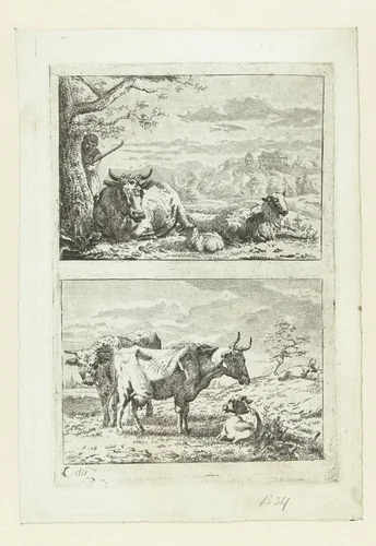 Twee landschappen met vee by anonymous, print, 1656-1728