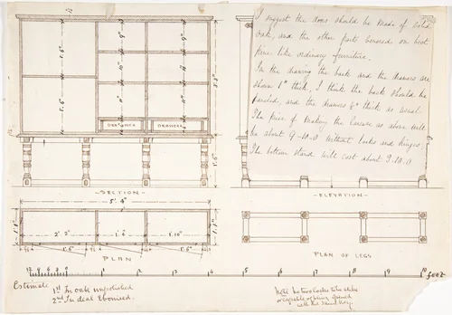 Design for a Wood Desk and Shelves by anonymous, drawing, 1830-1900