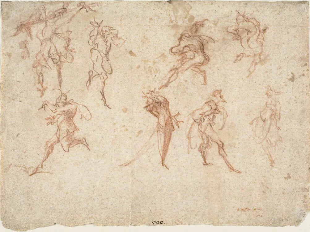 Sketches for the Balli di Sfessania (recto) Sketches of Dancers (verso) by Jacques Callot, drawing, 1616-1619
