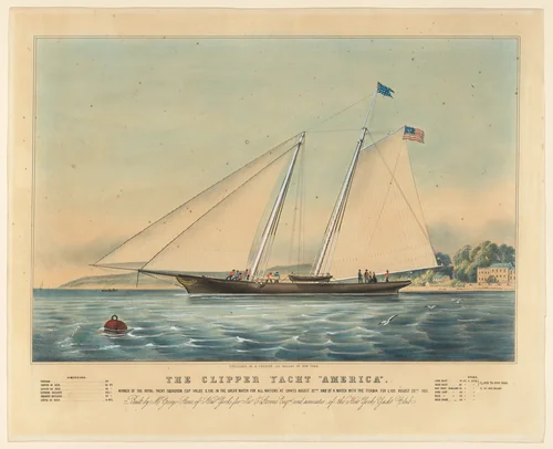 The Clipper Yacht "America," Winner of the Royal Yacht Squadron Cup, Value £100 in the Great Match for All Nations at Cowes, August 22nd, and of a Match with the Titania for £100, August 28, 1851 by Nathaniel Currier, print, 1851