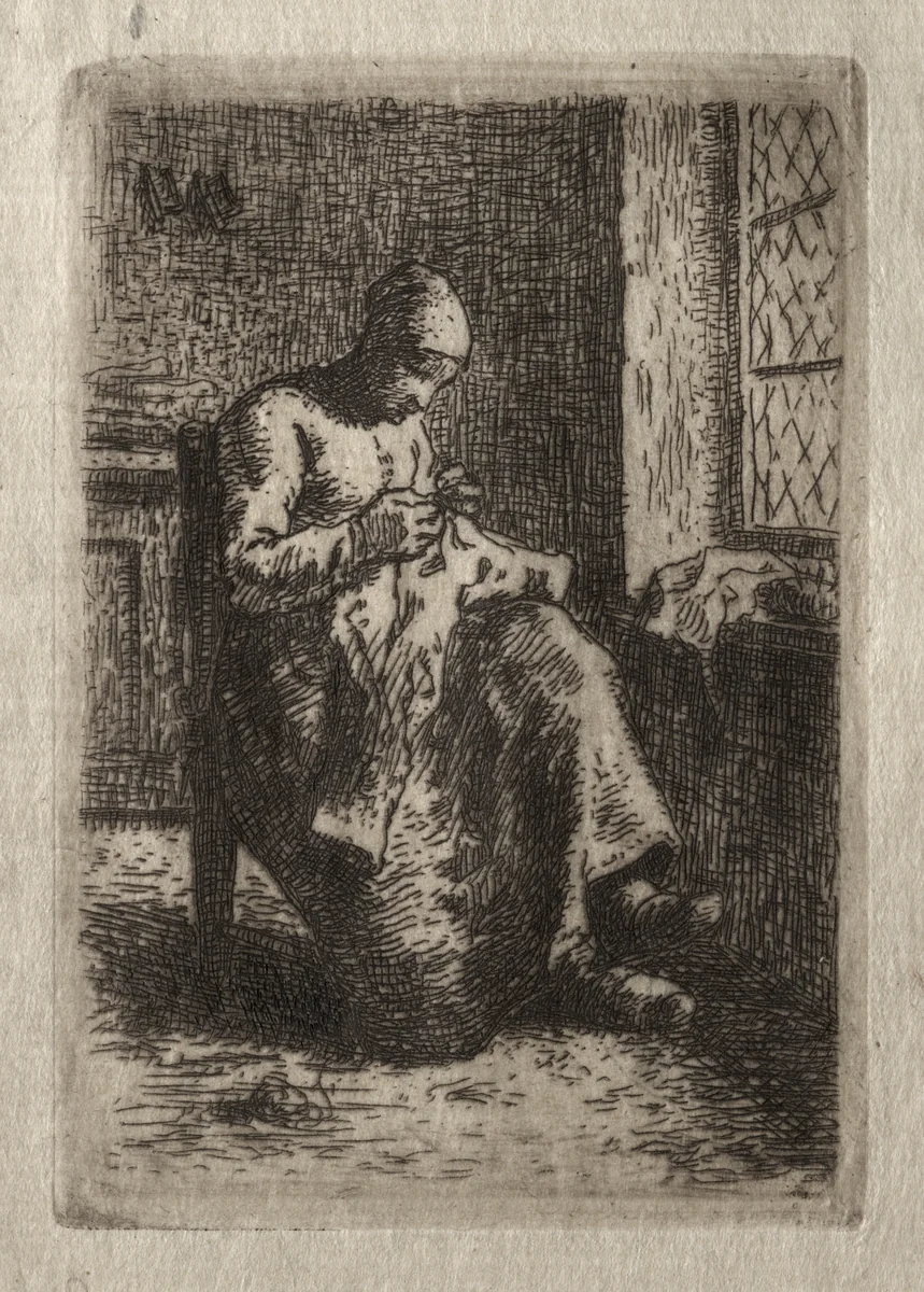 Woman Sewing by Jean-François Millet, print, 1855