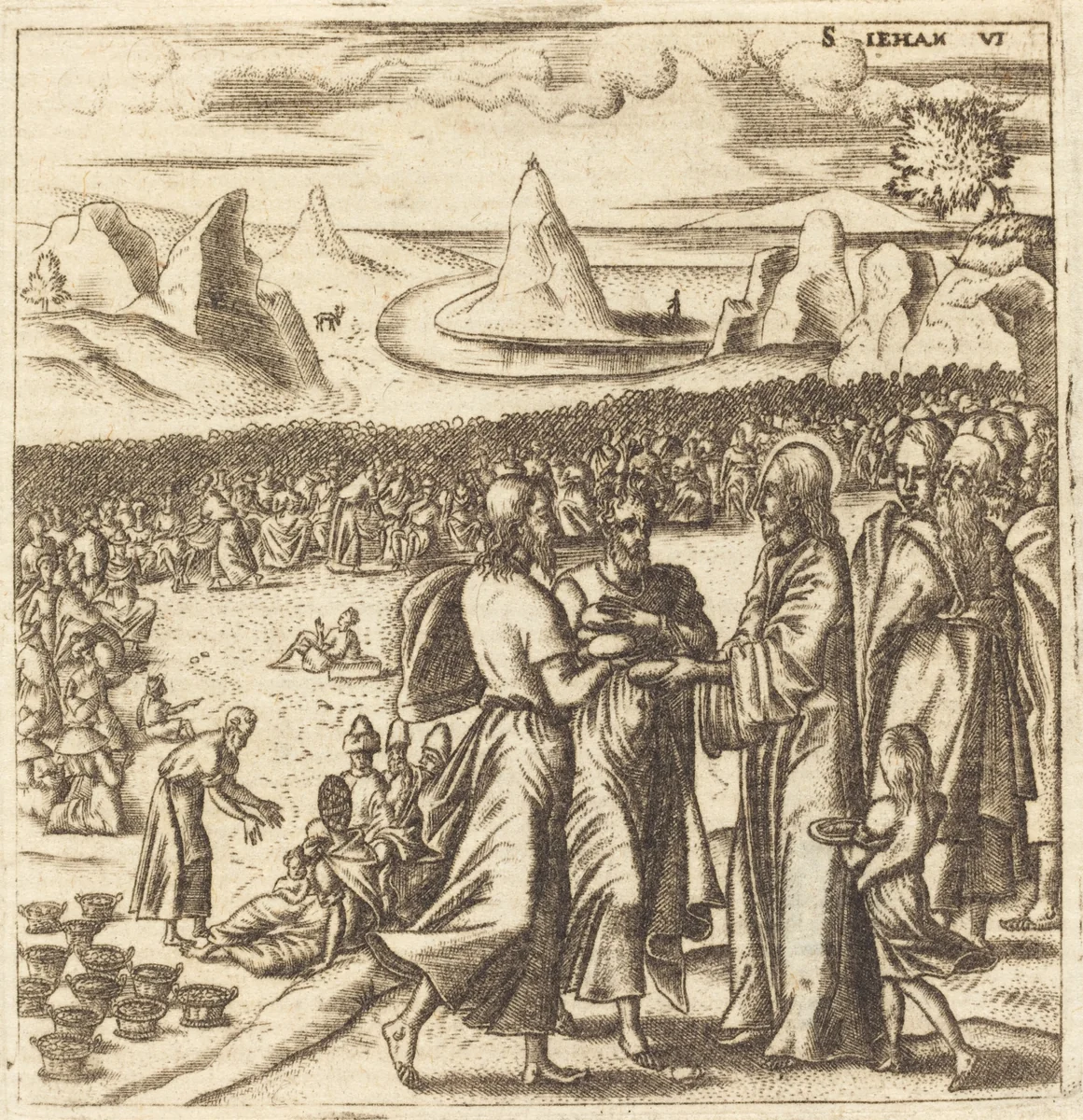 The Miracle of the Loaves and the Fishes by Léonard Gaultier, print, 1572-1580