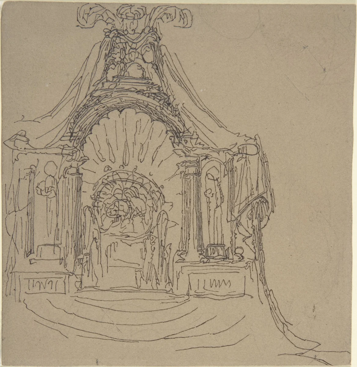 Design for a Throne (recto); Recumbent Figure (verso) by William Pitts, drawing, 1805-1840