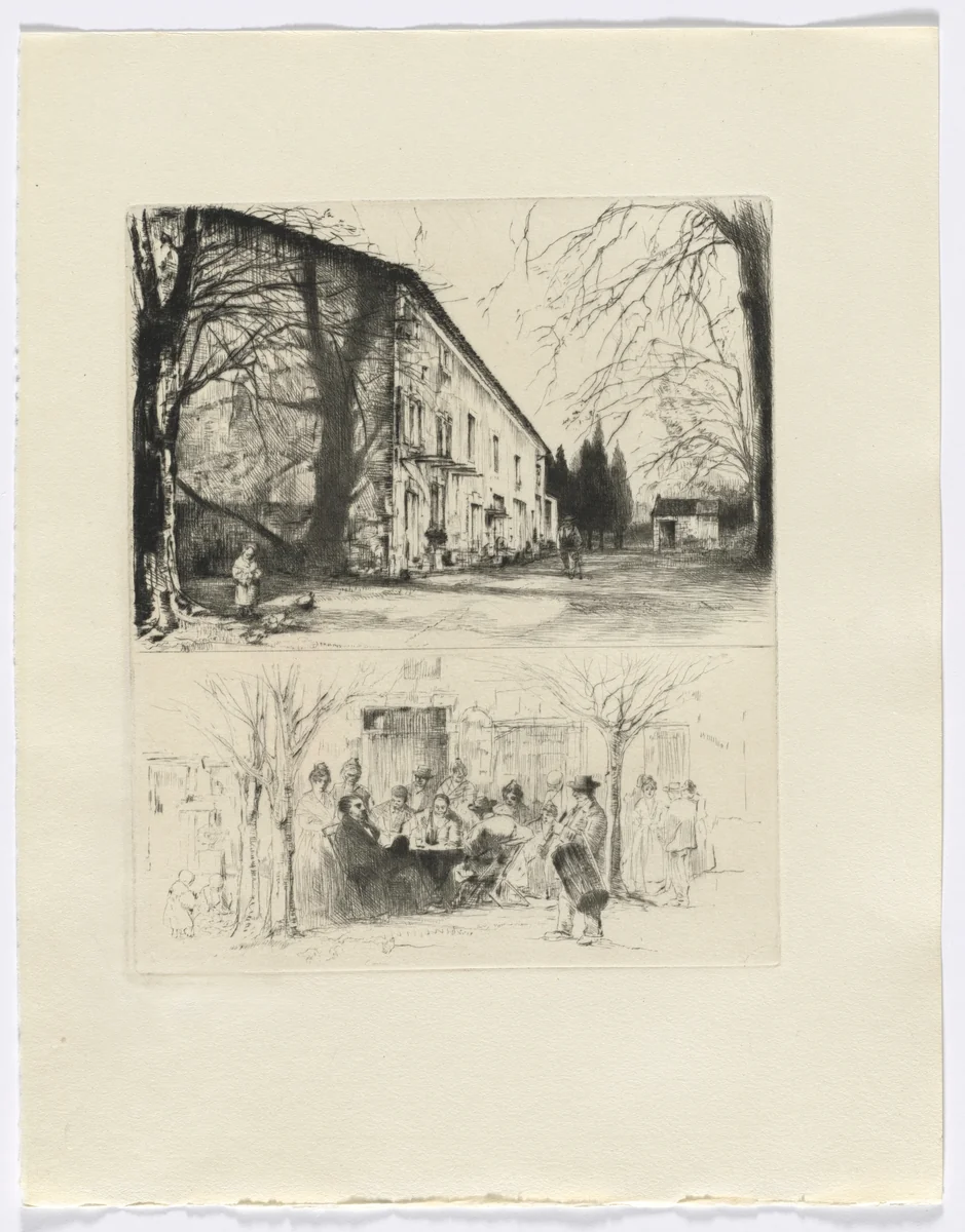 Frédéric Mistral: Mémoires et Recits by Frédéric Mistral: street scene/ people at outdoor table (insert after p. 24) DUPLICATE by Auguste Brouet, other, 1937
