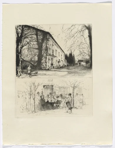 Frédéric Mistral: Mémoires et Recits by Frédéric Mistral: street scene/ people at outdoor table (insert after p. 24) DUPLICATE by Auguste Brouet, other, 1937