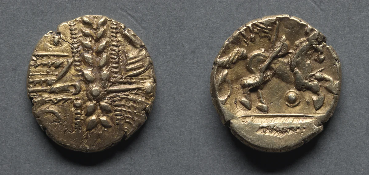 Stater: Wreath, Cloak, and Crescents (obverse); Horse and Wing Motif (reverse) by Unknown, metalwork, -65--15