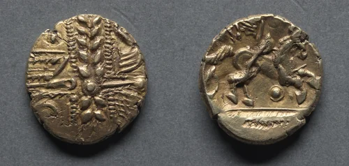 Stater: Wreath, Cloak, and Crescents (obverse); Horse and Wing Motif (reverse) by Unknown, metalwork, -65--15