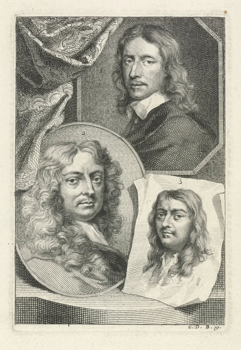 Portretten van Govert Flinck, Peter Lely en Philips Koninck by Jacob Houbraken, print, 1753