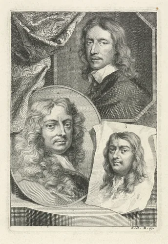 Portretten van Govert Flinck, Peter Lely en Philips Koninck by Jacob Houbraken, print, 1753