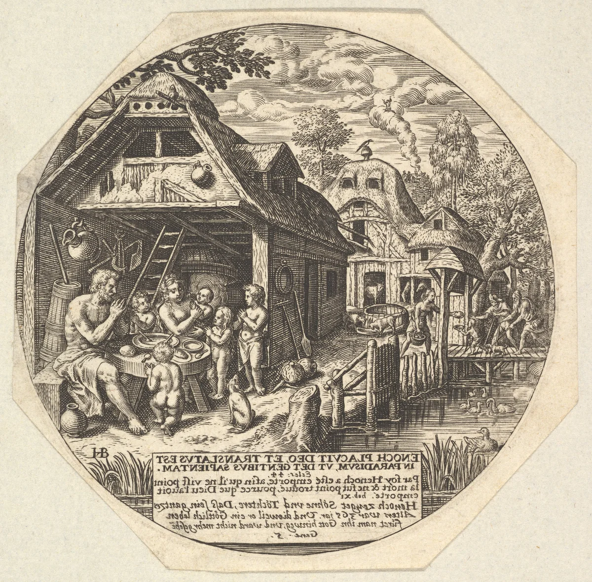 Enoch and his family surrounding a meal table and holding their hands in a gesture of prayer; behind them is the open end of house; to the right a woman hands out bread to a child, young man, and old man by Johann Theodor de Bry, print, 1580-1623