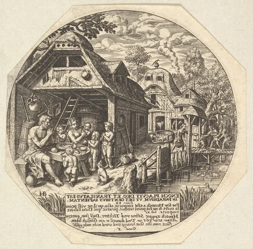 Enoch and his family surrounding a meal table and holding their hands in a gesture of prayer; behind them is the open end of house; to the right a woman hands out bread to a child, young man, and old man by Johann Theodor de Bry, print, 1580-1623