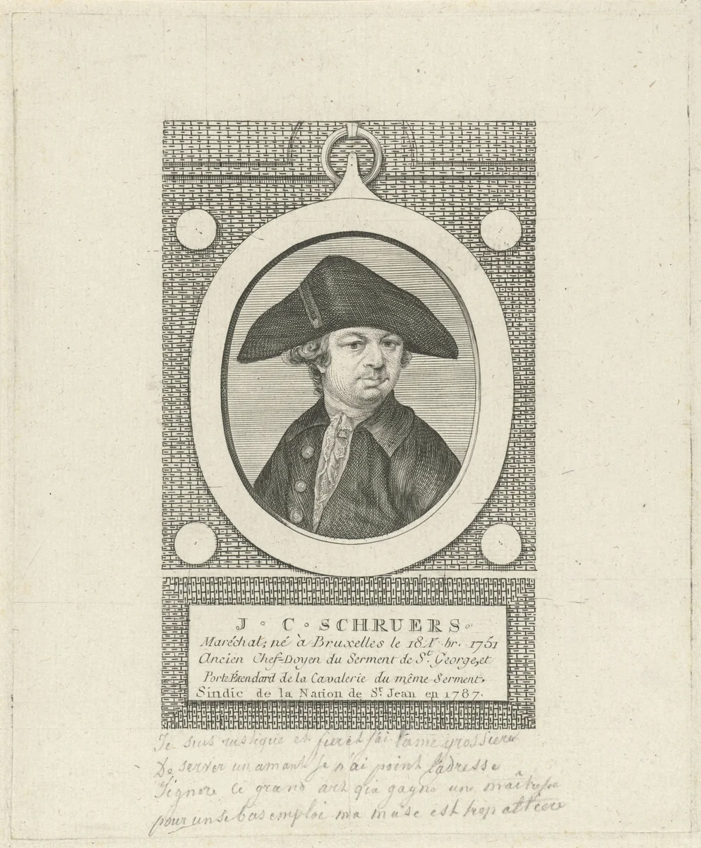 Portret van J.C. Schruers by J.F. De La Rue, print, 1787