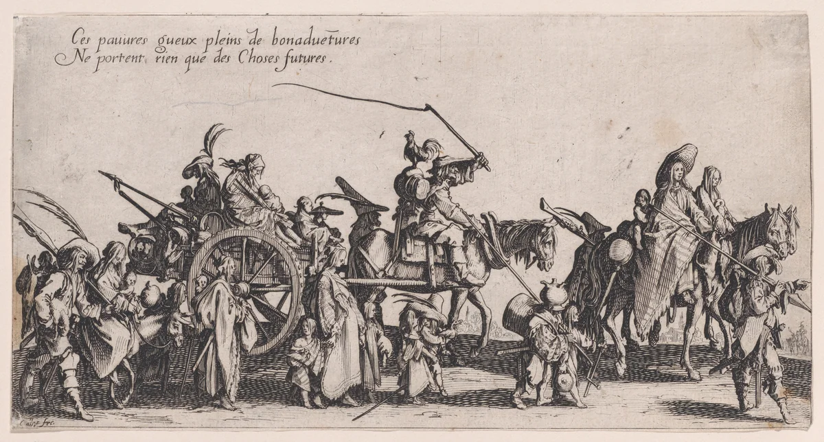 Les Bohémiens en Marche: L'Arrière-Garde, pièce aussi appelée Le Départ (The Gypsies Travelling: The Rear Guard, also called The Departure), from "Le Bohémiens, série appelée aussi Les Égyptiens, La Marche des Bohémiens, La Vie Errante des Bohémiens, Les Marches Égyptiennes" (The Gypsies, series also called The Egyptiens, The Gypsy Troops, The Wandering Lives of Gypsies, The Egyptian Troops) by Jacques Callot, print, 1610-1635