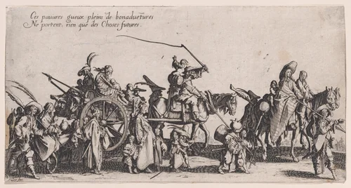 Les Bohémiens en Marche: L'Arrière-Garde, pièce aussi appelée Le Départ (The Gypsies Travelling: The Rear Guard, also called The Departure), from "Le Bohémiens, série appelée aussi Les Égyptiens, La Marche des Bohémiens, La Vie Errante des Bohémiens, Les Marches Égyptiennes" (The Gypsies, series also called The Egyptiens, The Gypsy Troops, The Wandering Lives of Gypsies, The Egyptian Troops) by Jacques Callot, print, 1610-1635