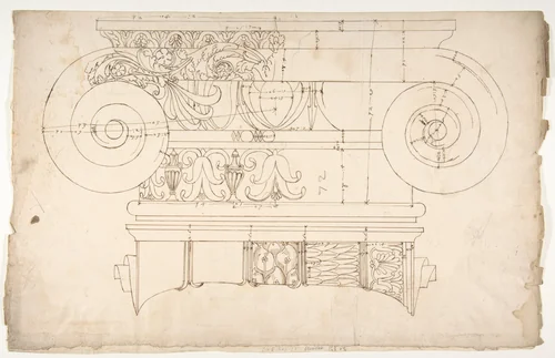 Unidentified, Ionic capital, elevation, front and side (recto) Unidentifed, Ionic capital, section, detail; Ionic capital, elevation, detail (verso) by anonymous, drawing, 1500-1560