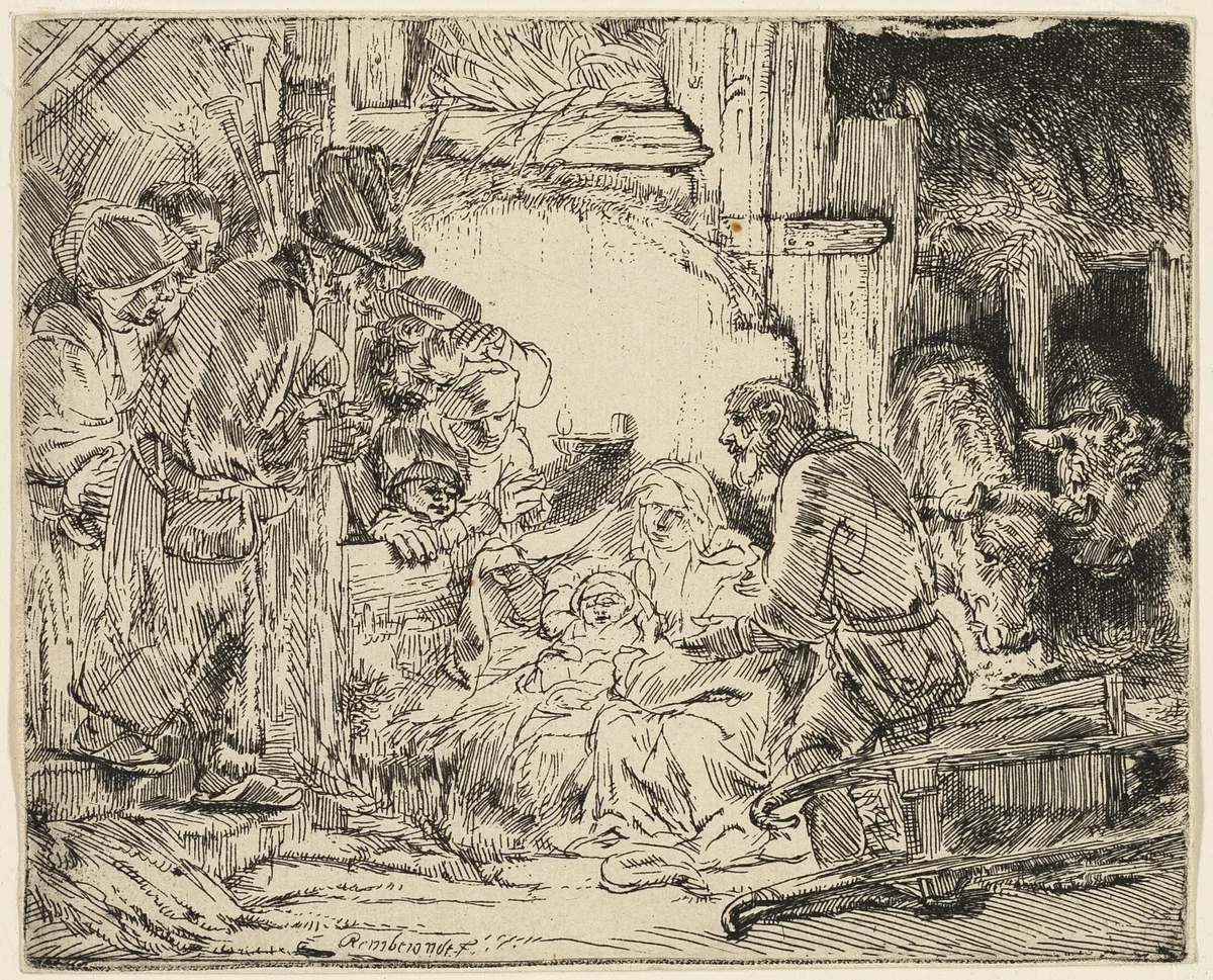 The Adoration of the Shepherds: With the Lamp by Rembrandt van Rijn, print, 1649-1659