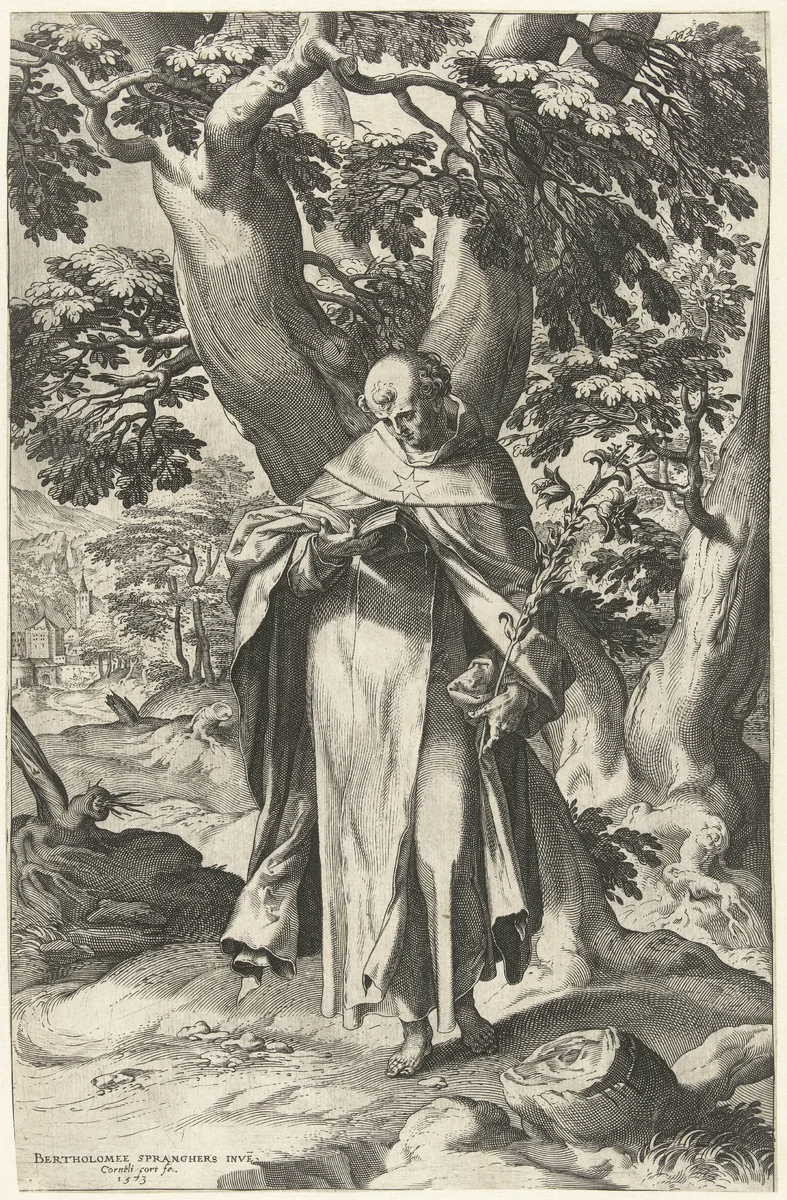 De H. Dominicus, lezend in een boek by Unknown, print, 1573