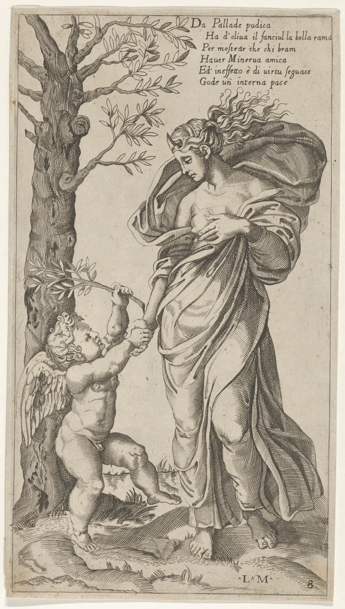 An allegory of Peace; Peace personified as a woman standing in a landscape holding the left hand of a winged genius by Lorenzo de Musi, print, 1530-1540