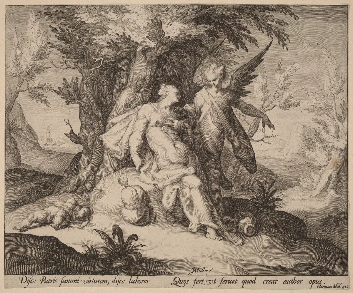 Hagar in the Desert Consoled by an Angel by Jan Muller, print, 1586-1596