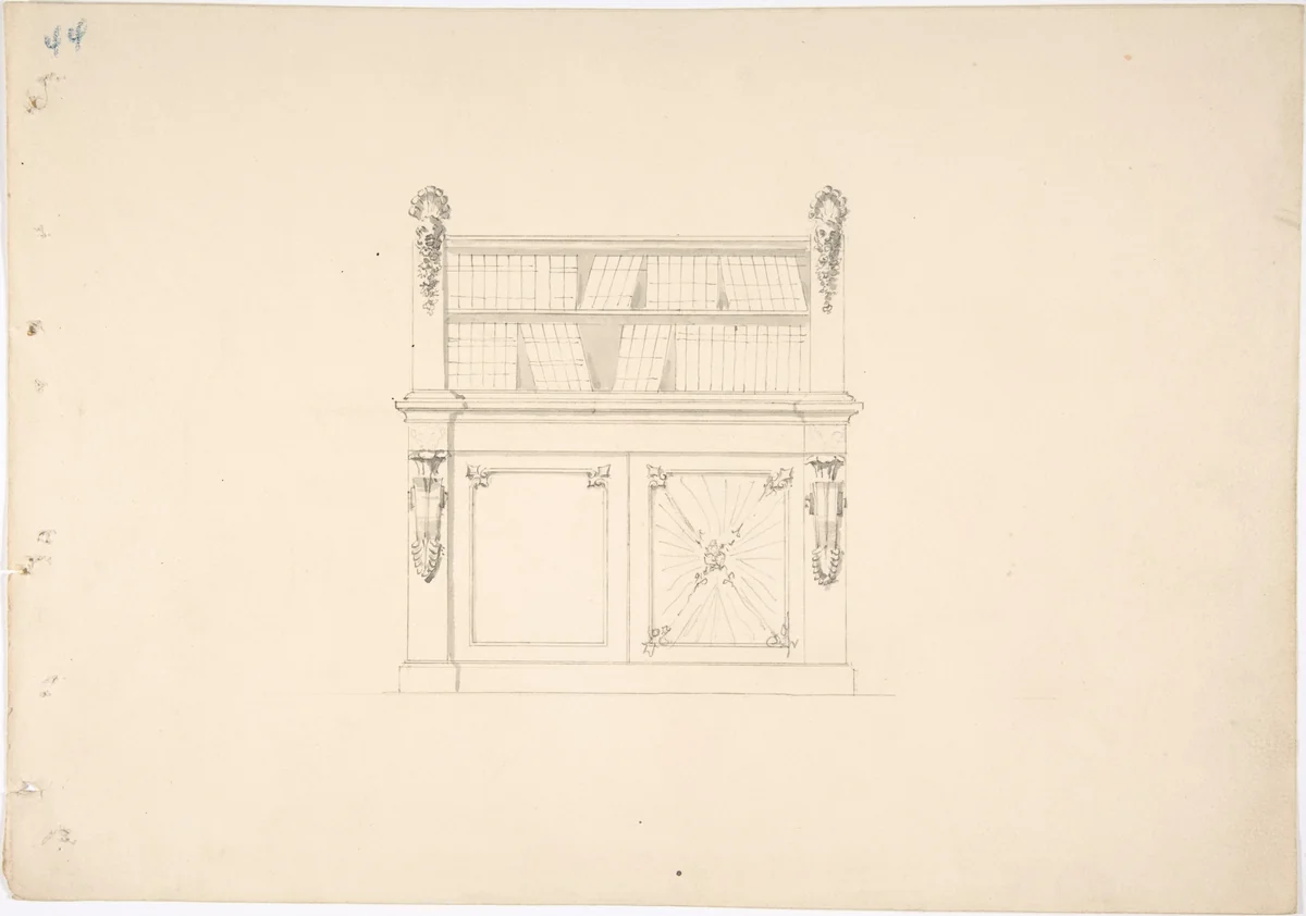 Design for a Cabinet with Classical Ornament and Bookshelves by anonymous, drawing, 1800-1850