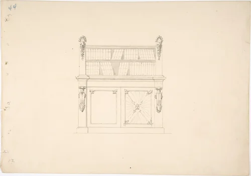 Design for a Cabinet with Classical Ornament and Bookshelves by anonymous, drawing, 1800-1850