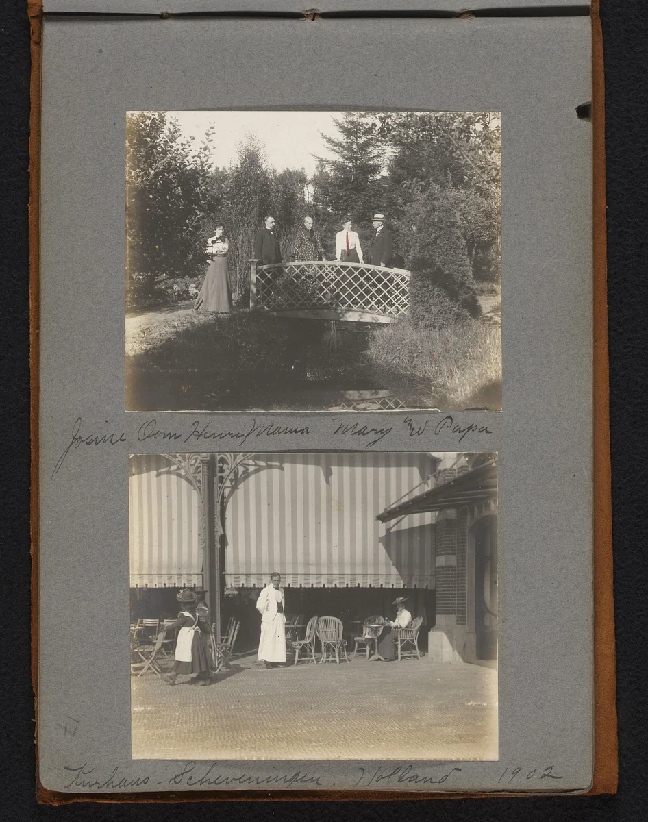 Familieportret op een tuinbrug in Veghel en een terras voor het Kurhaus in Scheveningen by Jan van der Mey, book, 1902