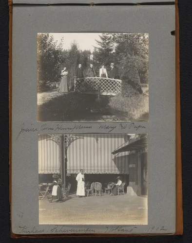 Familieportret op een tuinbrug in Veghel en een terras voor het Kurhaus in Scheveningen by Jan van der Mey, book, 1902