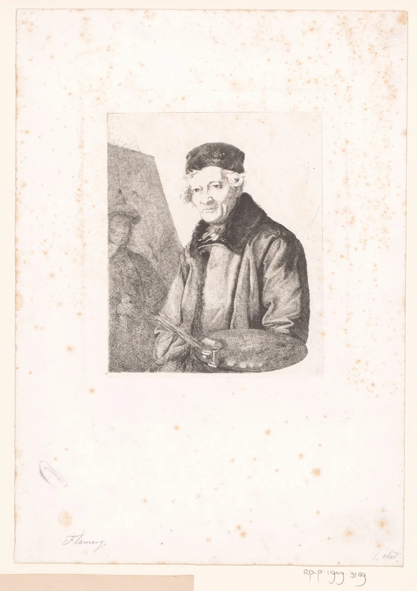 Schilder met palet bij zijn ezel by Léopold Flameng, print, 1841-1910