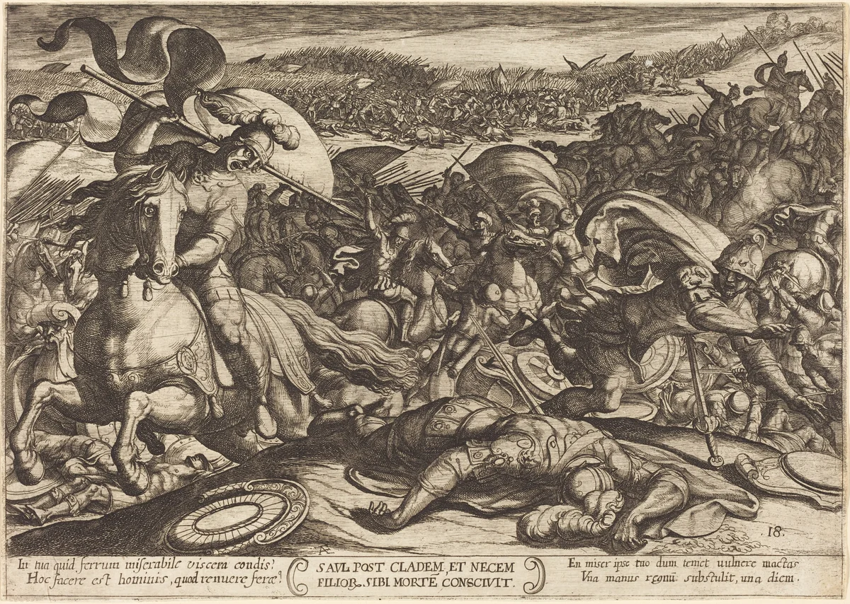 Saul Kills Himself after the Defeat of his Army by the Philistines by Antonio Tempesta, print, 1613