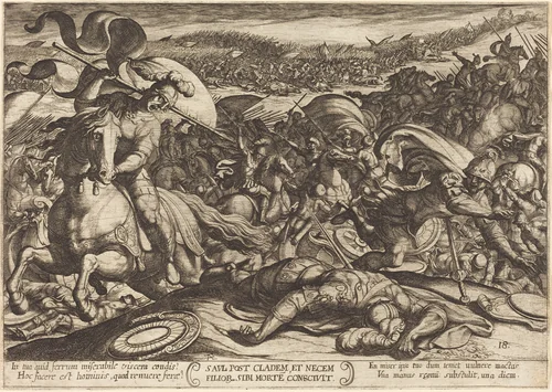 Saul Kills Himself after the Defeat of his Army by the Philistines by Antonio Tempesta, print, 1613