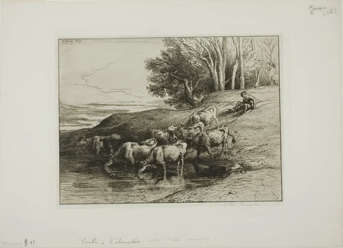 Cows at the Watering Place by Charles-Émile Jacque, print, 1850
