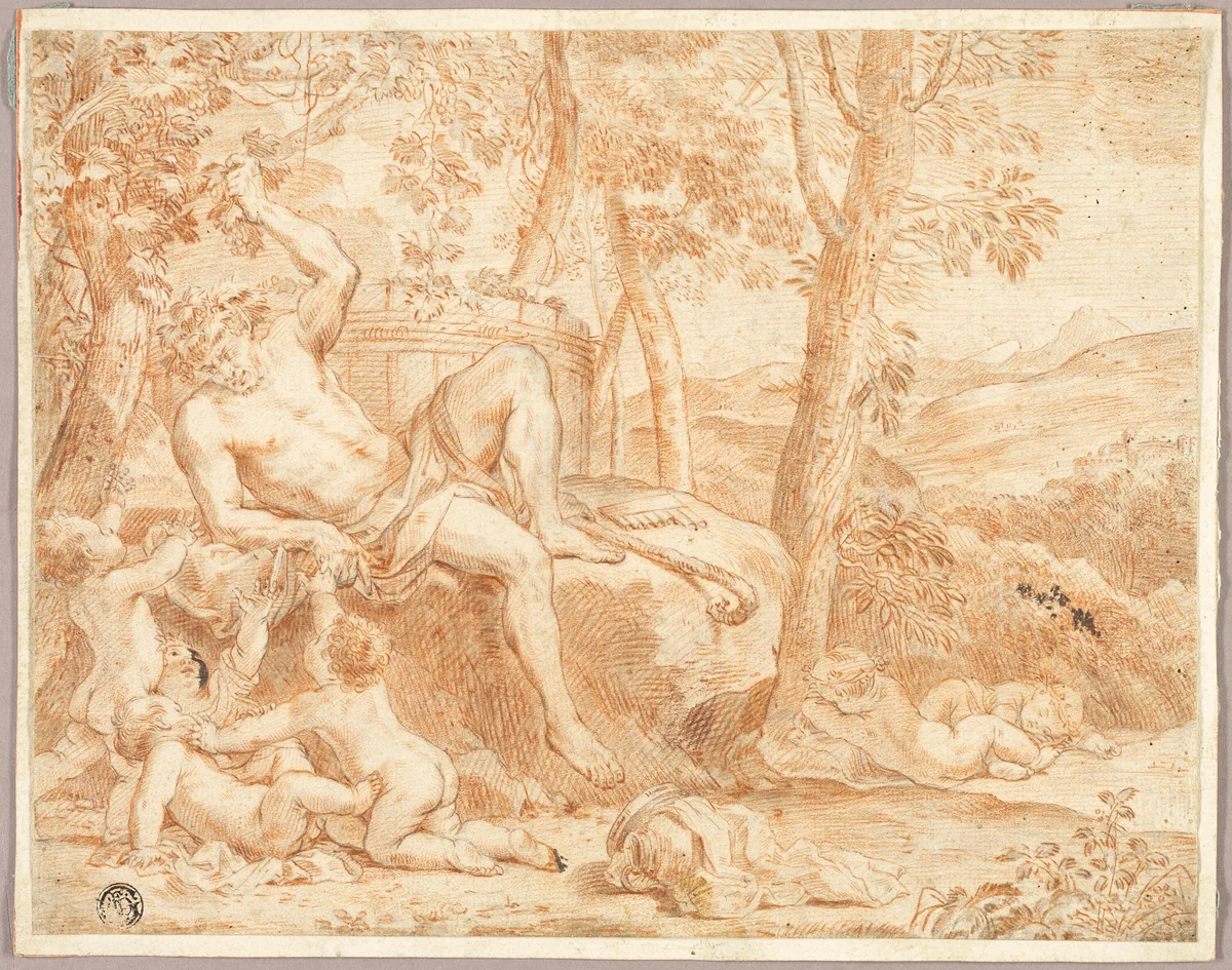 Bacchus and Putti in Shady Grove by Nicolas Chaperon, drawing, 1600-1699